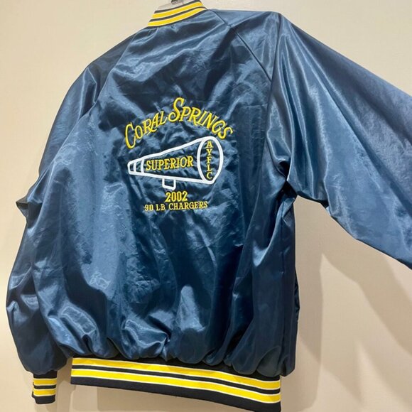 Y2K SATIN VARSITY BOMBER JACKET WESTSTARK TRENDY  SZ L BLUE/YELLOW MADE IN USA - Picture 13 of 16